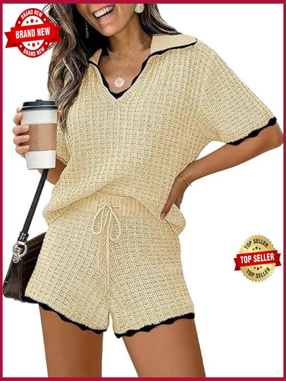 2 Piece Knit Lounge Set V Neck Short Sleeve Top & Shorts
